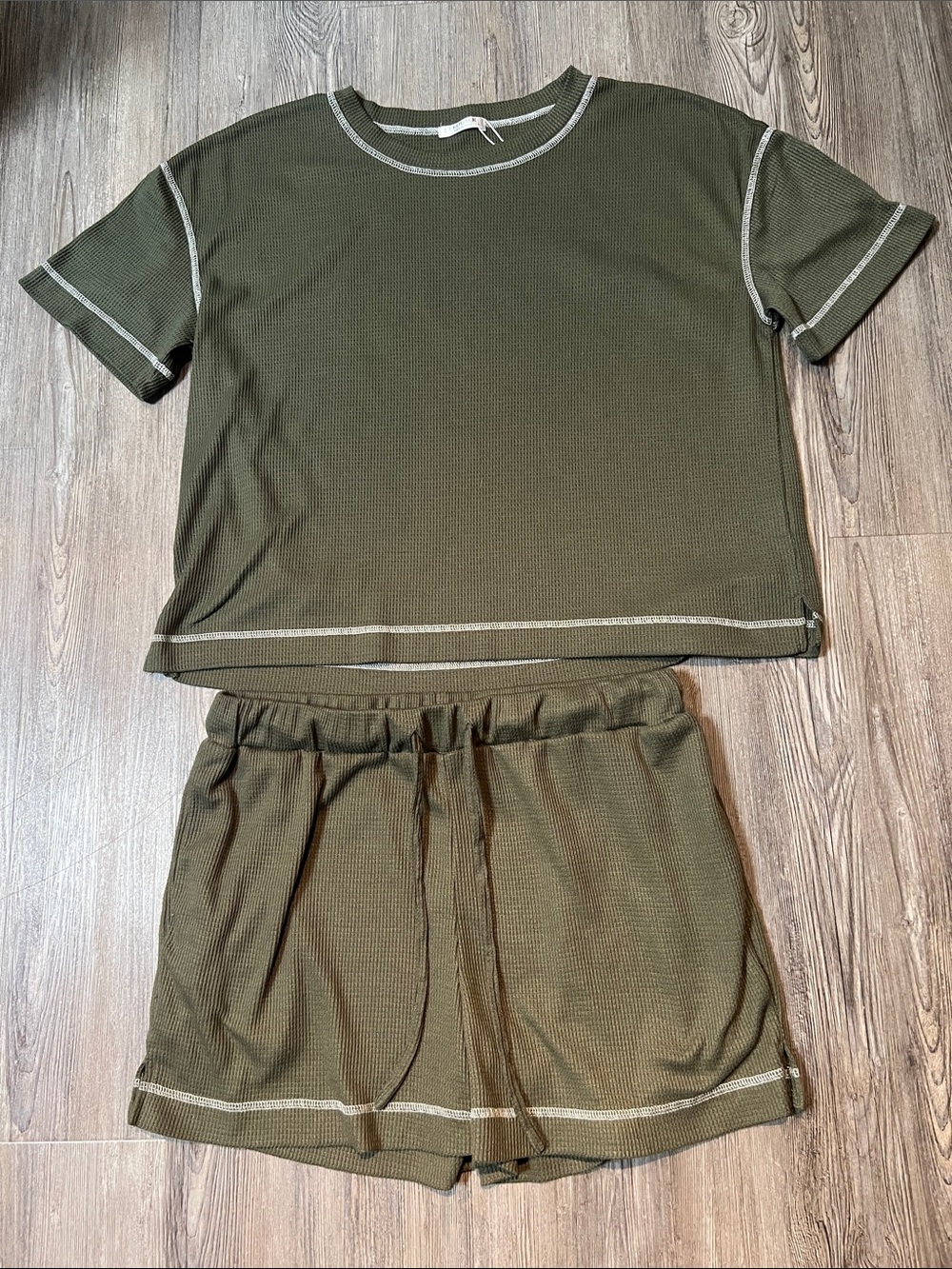 Ekouaer Olive Green Waffle Knit Short Set